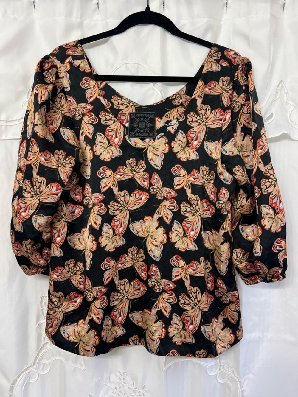 Johnny Was JADE Silk Butterfly Blouse Boho 3/4 Sleeve Top Medium